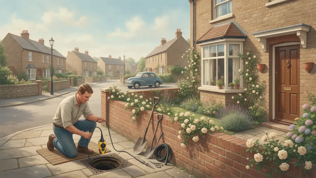 CCTV Drain Surveys: illustration of a worker lowering inspection equipment into an open drain