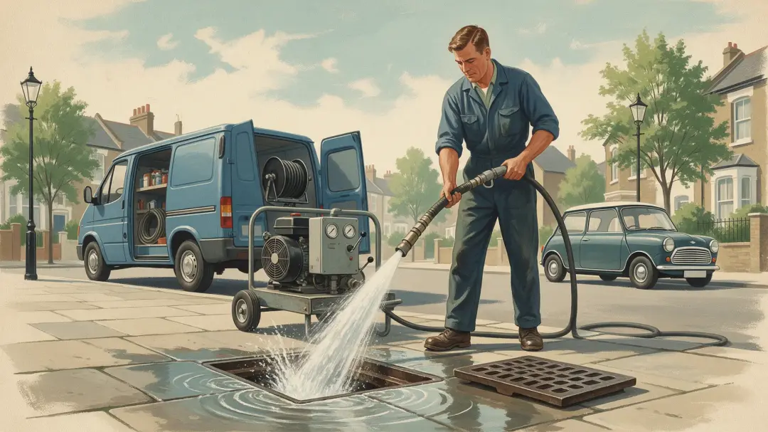 Drain Jetting: illustration of a worker directing a water jet into an open drain beside a blue van