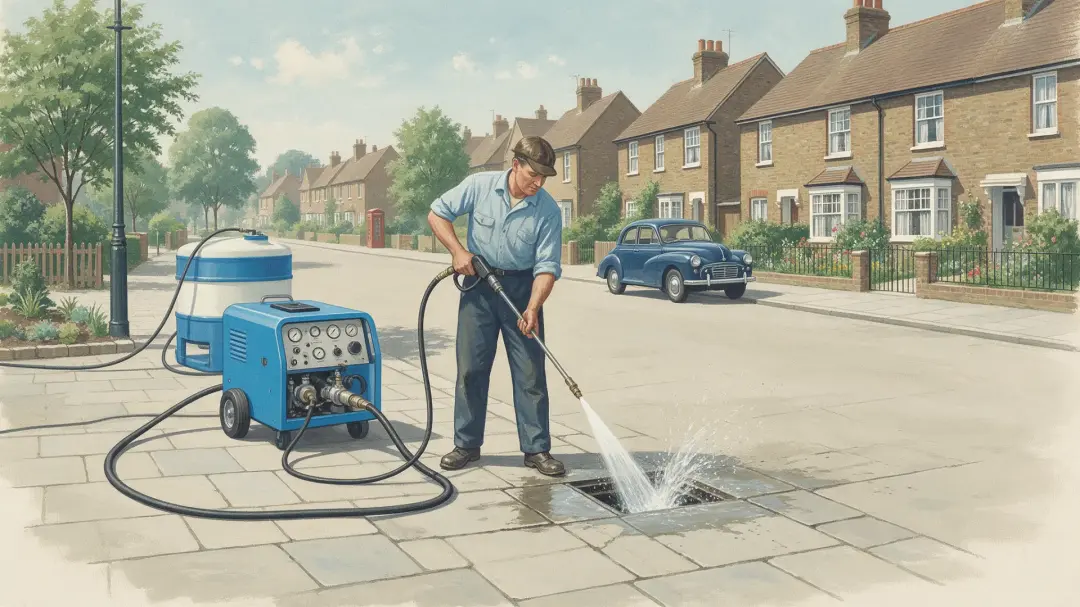 Professional Septic Tank Emptying in Warrington: illustration of a worker using a water jet at an open drain with portable equipment