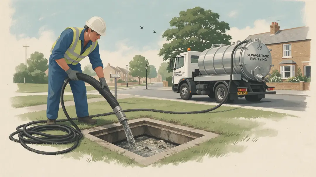 Cesspit and Cesspool Emptying: illustration of a worker directing a hose into an open chamber beside a silver tanker