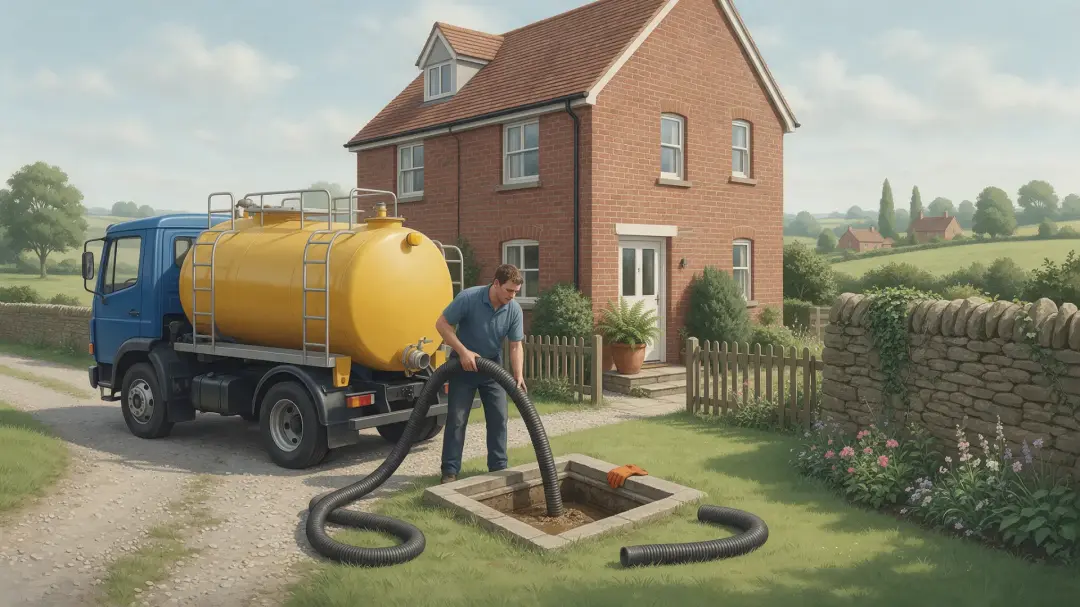 Septic Tank Emptying Costs in Wigan: illustration of a worker handling a hose beside a yellow tanker and an open tank