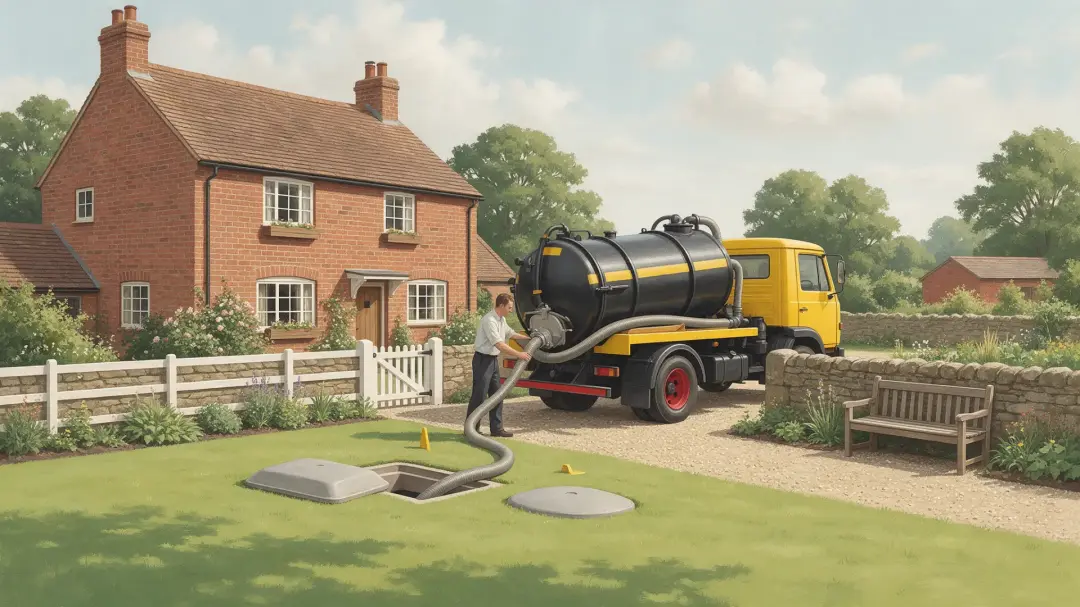 Septic Tank Emptying: illustration of a yellow tanker with a hose leading to an underground tank beside a house