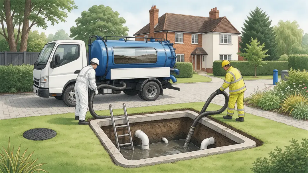 Septic Tank Maintenance Repairs and Replacement: illustration of two workers with tanker hoses at an open underground tank