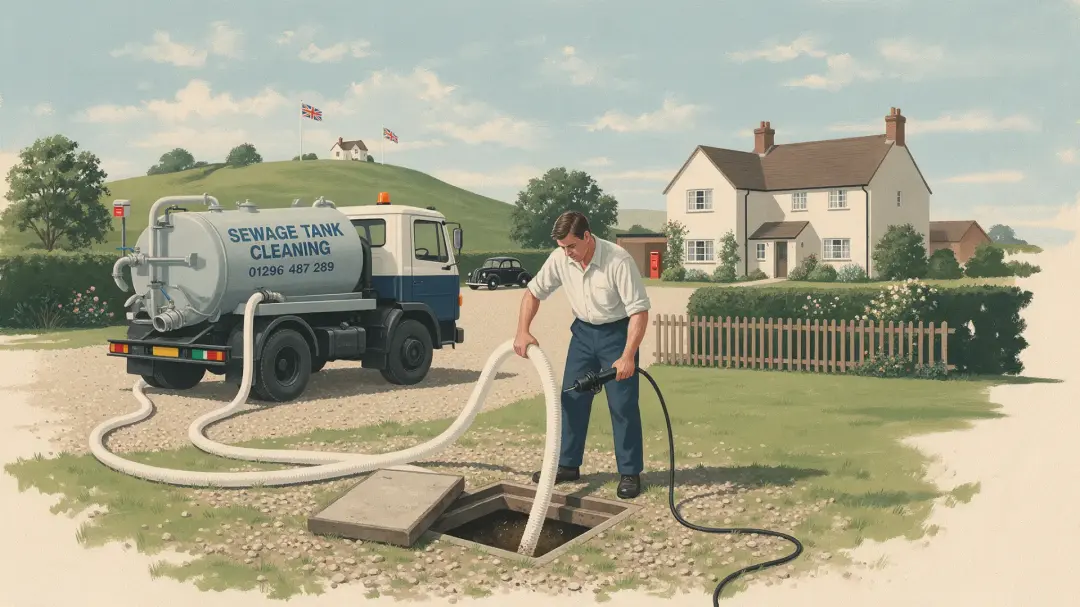 Sewage Tank Cleaning Wigan and the North West: illustration of a worker with a tanker hose at an open tank beside a house